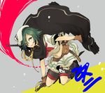  belt cape eyepatch gloves green_eyes green_hair hat highres kantai_collection kiso_(kantai_collection) long_hair musasabing pouch remodel_(kantai_collection) smile solo sword uniform weapon 