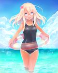  bad_proportions blonde_hair blue_eyes flower glasses hair_flower hair_ornament highres innertube kantai_collection long_hair nomio one-piece_swimsuit open_mouth ro-500_(kantai_collection) school_swimsuit swimsuit tan tanline wading water 
