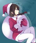  ahoge alternate_costume bad_id bad_pixiv_id blue_background boots braid brown_hair christmas fur_trim gloves hair_flaps hat highres kantai_collection long_hair over_shoulder pantyhose profile revision sack santa_boots santa_costume santa_hat shigure_(kantai_collection) single_braid smile snowflakes solo white_gloves white_legwear yukichi_(eikichi) 