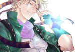  blonde_hair caesar_anthonio_zeppeli facial_mark feathers fingerless_gloves gloves green_jacket hair_feathers headband jacket jojo_no_kimyou_na_bouken koeri male_focus one_eye_closed scarf solo star 