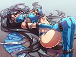  armlet bad_id bad_pixiv_id bare_shoulders bdsm between_legs black_eyes black_hair blue_legwear bondage bound breasts cleavage cleavage_cutout covered_nipples earrings fan folding_fan h1kar1ko holding jewelry kitana large_breasts legs_together long_hair lying mask midriff mortal_kombat navel ninja on_back rope solo thighhighs very_long_hair 