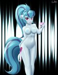  2015 absurd_res anthro anthrofied blue_hair breasts cutie_mark equestria_girls equine hair hi_res holding horse looking_at_viewer mammal my_little_pony navel nipples pony pussy solo sonata_dusk_(eg) swissleos two_tone_hair 