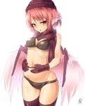  animal_ears ayagi_daifuku bird_wings blush bra breath feathered_wings gloves groin hands_on_own_stomach hat lingerie looking_at_viewer mystia_lorelei navel open_mouth panties pink_hair red_eyes red_gloves red_legwear scarf short_hair signature simple_background solo stomach sweat thighhighs touhou underwear underwear_only white_background wings 