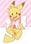  2015 3_toes anthro anthrofied anus balls bed clothing erection fur hoodie invalid_tag looking_at_viewer male mammal mouse nintendo nude oob open_mouth penis pikachu pillow pok&eacute;mon rodent sitting smile solo toes tongue video_games 