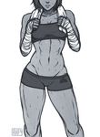  abs alternate_hair_length alternate_hairstyle avatar_(series) bandages breasts dark_skin greyscale head_out_of_frame iahfy korra lowleg lowleg_shorts medium_breasts monochrome muscle muscular_female short_hair short_shorts shorts sketch solo sports_bra sweat the_legend_of_korra thick_thighs thighs toned towel towel_around_neck 