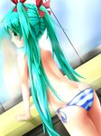  7ban aqua_hair ass back bad_id bad_pixiv_id blush butt_crack green_eyes hair_ribbon hatsune_miku highres long_hair looking_at_viewer looking_back panties ribbon side-tie_panties solo striped striped_panties sweat topless twintails underwear underwear_only very_long_hair vocaloid 