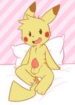  2015 3_toes anthro anthrofied anus balls bed erection fur looking_at_viewer male mammal mouse nintendo nude oob open_mouth penis pikachu pillow pok&eacute;mon rodent sitting smile solo toes tongue video_games 