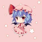  blouse blue_hair blush brooch chibi fang hat jewelry looking_at_viewer mob_cap remilia_scarlet short_hair skirt skirt_set smile solo swami touhou tsurime wings 