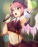  adapted_costume alternate_costume animal_ears arm_up armpits ayagi_daifuku bird_wings detached_sleeves feathered_wings hat idol microphone midriff music mystia_lorelei navel open_mouth pink_hair puffy_sleeves red_eyes shirt short_hair short_sleeves singing skirt smile solo sparkle suspenders sweat touhou wings wrist_cuffs 