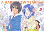  1boy 1girl arrow black_hair blue_eyes blue_hair brown_eyes couple directional_arrow hiradaira_chisaki ishii_yuriko japanese_clothes kihara_tsumugu kimono long_hair nagi_no_asukara new_year short_hair 