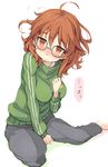  araki_hina bad_id bad_pixiv_id blush breasts brown_eyes brown_hair glasses idolmaster idolmaster_cinderella_girls jacket medium_breasts messy_hair sala_mander sitting solo track_jacket 