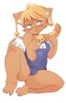  2012 blonde_hair blush brown_fur clothing danae female fur green_eyes hair kemono legend_of_mana nipples swimsuit tears unknown_artist 