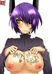 body_writing breasts clothes_lift eyepatch headgear highres kantai_collection large_breasts looking_away nipples norman_maggot purple_hair ribbed_sweater short_hair solo sweat sweater sweater_lift tenryuu_(kantai_collection) upper_body yellow_eyes 