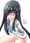  bad_id bad_pixiv_id black_hair blush bottomless glasses hair_over_one_eye hayashimo_(kantai_collection) kantai_collection long_hair nekobaka purple_eyes sketch solo 