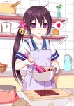  akebono_(kantai_collection) apron bell black_hair chocolate chocolate_making chocolate_mold flower hair_bell hair_flower hair_ornament heart jingle_bell kantai_collection kitchen long_hair md5_mismatch mixing_bowl purple_eyes school_uniform serafuku solo spatula spoken_heart tile_wall tiles tsukino_neru valentine 