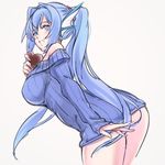  animal_ears bad_id bad_pixiv_id blue_eyes blue_hair chocolate chocolate_heart heart lintanghaseo long_hair no_pants original ponytail smile solo sweater very_long_hair 