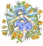  bare_arms blue_eyes blue_hair cirno eyebrows fang flower folded_leg hair_ribbon hexagon highres leaf looking_at_viewer midriff navel no_shoes open_mouth over-kneehighs plant ribbon short_hair skirt skirt_set solo thighhighs touhou trellis vines white_background white_legwear wings ys_(ytoskyoku-57) 