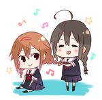  :&gt; :d =_= adjusting_hair ahoge alternate_hairstyle bad_id bad_pixiv_id beamed_eighth_notes black_hair black_serafuku braid brown_eyes brown_hair chibi eighth_note hairband highres kantai_collection long_hair multiple_girls musical_note open_mouth orange_hairband pleated_skirt school_uniform serafuku shigure_(kantai_collection) shiratsuyu_(kantai_collection) short_hair single_braid skirt smile star twin_braids yukichi_(eikichi) 