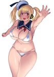  belly bikini blonde_hair breasts cosplay curvy ghostbusters hat headphones highres huge_breasts navel nitroplus orange_eyes outstretched_hand plump school_uniform serafuku shiny shiny_clothes solo stay_puft stay_puft_(cosplay) super_pochaco suzume_inui sweat swimsuit thick_thighs thighs 