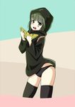  1girl artist_request background black_legwear black_panties black_thighhighs blush burqa food fruit green_eyes green_hair holding hood isis-chan legwear melon open_mouth original panties solo teeth thighhighs thighs tongue underwear 