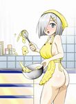  apron ass baking blue_eyes blush breasts counter covered_nipples cowboy_shot d: dough from_side full-face_blush hair_ornament hair_over_one_eye hairclip hamakaze_(kantai_collection) holding indoors kantai_collection kitchen large_breasts looking_at_viewer looking_to_the_side mixing_bowl naked_apron open_mouth short_hair sideboob silver_hair sketch solo suke_a_kuro_suke tiles whisk yellow_apron 