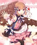  :d bow brown_eyes brown_hair chocolate chocolate_bar detached_sleeves dress fang goma_(11zihisin) hair_bow heart highres long_hair open_mouth original single_thighhigh sitting smile solo thighhighs valentine waving 