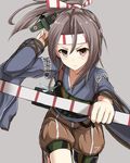  bow_(weapon) brown_eyes brown_hair grey_background hachimaki hakama_pants headband high_ponytail japanese_clothes kantai_collection leg_up looking_at_viewer muneate rabochicken simple_background solo weapon zuihou_(kantai_collection) 