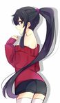  alternate_costume bad_id bad_pixiv_id black_hair brown_eyes casual highres kantai_collection long_hair looking_at_viewer off-shoulder_sweater off_shoulder open_mouth ponytail shorts sketch solo sweater thighhighs white_legwear yahagi_(kantai_collection) yukichi_(eikichi) 