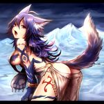  animal_ear_fluff animal_ears ass bent_over blue_hair breasts cloud cloudy_sky fenrir_(shingeki_no_bahamut) granblue_fantasy highres long_hair looking_at_viewer medium_breasts mountainous_horizon outdoors paws pink_eyes purple_hair shingeki_no_bahamut sideboob sky snow solo spiked_hair sukemyon tail wolf_ears wolf_tail 