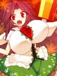  arm_cannon blush breasts brown_hair cape fang feathered_wings floral_print huge_breasts impossible_clothes impossible_shirt kuresento long_hair looking_at_viewer open_mouth puffy_sleeves reiuji_utsuho shirt short_sleeves skirt smile solo third_eye touhou weapon wings 
