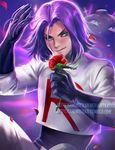  banned_artist fabulous flower gen_1_pokemon gloves green_eyes koffing kojirou_(pokemon) male_focus petals pokemon pokemon_(anime) pokemon_(creature) purple_hair rose rose_petals sakimichan smile solo_focus team_rocket watermark web_address 