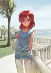  alternate_costume arms_behind_back bad_id bad_pixiv_id bag bare_shoulders blue_shirt blue_sky breasts day fence grass handbag looking_at_viewer love_live! love_live!_school_idol_project nishikino_maki ocean outdoors palm_tree photo-referenced purple_eyes red_hair sand shirt short_hair sky sleeveless sleeveless_shirt small_breasts solo tree upper_body zhanzheng_zi 