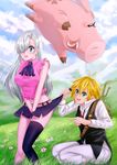  1girl absurdres blonde_hair blue_eyes blush breasts cloud cloudy_sky day earrings elizabeth_liones grass green_eyes hair_over_one_eye hawk_(nanatsu_no_taizai) highres jewelry long_hair meliodas nanatsu_no_taizai outdoors pig pointing silver_hair single_thighhigh skirt skirt_lift sky thighhighs yoneyu 