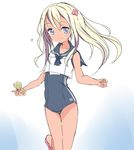  blonde_hair blue_eyes core_(mayomayo) crop_top flower hair_flower hair_ornament kantai_collection lifebuoy long_hair one-piece_swimsuit ro-500_(kantai_collection) sailor_collar school_swimsuit solo swimsuit swimsuit_under_clothes tan tanline torpedo 