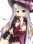  ayachi_nene belt breasts buckle cape collar grey_hair hat highres long_hair medium_breasts muririn nipples no_panties open_clothes open_skirt purple_eyes ribbon sanoba_witch shadow skirt vial witch_hat 