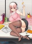 blush breasts corded_phone formal headphones large_breasts long_hair looking_at_viewer md5_mismatch nitroplus office_lady open_mouth panties pencil_skirt phone pink_hair red_eyes skirt solo super_sonico thighhighs tsuji_santa underwear 