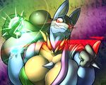  abstract_background anthro big_breasts breasts cleavage clothed clothing day-t disembodied_hand female glowing glowing_eyes huge_breasts lucario magic_user nintendo pok&eacute;mon red_eyes robe sharp_teeth solo teeth video_games 