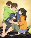  2boys barefoot black_hair black_legwear blush brother_and_sister brothers brown_hair free! full_body green_eyes hood hoodie kneehighs long_hair miyuli multiple_boys open_mouth short_hair siblings skirt tachibana_makoto tachibana_ran_(free!) tachibana_ren_(free!) twintails 