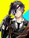  black_hair eyepatch formal gloves male_focus necktie ritsuka8282 sheath sheathed shokudaikiri_mitsutada smile solo suit sword touken_ranbu uniform weapon yellow_eyes 