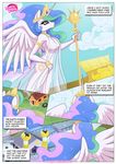  2015 anthro anthrofied bbmbbf big_breasts bird&#039;s-eyes_view bracelet breasts bridge broken cane chariot clothed clothing cloudscape comic crown cutie_mark dialogue english_text equestria_untamed equine feathers female friendship_is_magic grass horn house jewelry mammal my_little_pony palcomix princess_celestia_(mlp) purple_eyes river scythe skimpy sky solo spread_wings text tire translucent winged_unicorn wings 