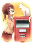  aikei_ake braid brown_hair cat glasses green_eyes japanese_postal_mark original postbox_(outgoing_mail) sidelocks skirt solo standing sweater twin_braids 