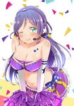  bad_id bad_pixiv_id bare_shoulders breasts cheerleader cleavage dorisu2 elbow_gloves gloves headset highres large_breasts long_hair looking_at_viewer love_live! love_live!_school_idol_project midriff pom_poms purple_hair skirt smile solo takaramonozu toujou_nozomi twintails 