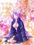  breasts center_opening cleavage closed_eyes kirika_(tempo) large_breasts long_hair ootori_kanae_(soukou_akki_muramasa) pink_hair smile solo soukou_akki_muramasa unzipped very_long_hair zipper 