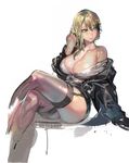  aoin blonde_hair blush borrowed_character breasts cleavage crossed_legs garter_straps green_eyes jacket large_breasts lips mole mole_under_eye off_shoulder original shiny shiny_skin simple_background sitting sketch skirt solo thighhighs thighs white_background 