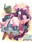  book bow crescent crescent_hair_ornament edo. hair_bow hair_ornament hat hat_bow long_hair patchouli_knowledge purple_eyes purple_hair sash solo touhou very_long_hair 