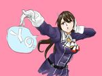  ashigara_(kantai_collection) bosatsu_touge breasts brown_eyes brown_hair gloves hairband headset highres kantai_collection large_breasts long_hair military military_uniform outstretched_arm remodel_(kantai_collection) solo speech_bubble uniform white_gloves 