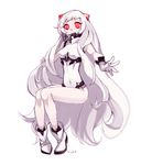  :d airfield_hime ankle_boots artist_name boots covered_navel full_body horns kantai_collection knees_together_feet_apart leotard long_hair neo_(neosan) open_mouth red_eyes shinkaisei-kan simple_background sitting smile solo very_long_hair white_background white_footwear white_hair white_skin 