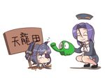  closed_eyes dirt elephant eyepatch hair_intakes halo headgear kantai_collection mechanical_halo multiple_girls necktie short_hair sign smile squatting tatsuta_(kantai_collection) tenryuu_(kantai_collection) themed_object translated water watering_can wet zassou_maruko 