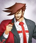  beard brown_hair collared_shirt cross facial_hair formal grey_background guilty_gear looking_at_viewer male_focus manly monocle mustache necktie onsoku_maru pipe shirt slayer_(guilty_gear) smile solo suit tuxedo upper_body 
