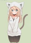  :3 :o akky_(akimi1127) alternate_costume animal_costume bismarck_(kantai_collection) black_legwear blonde_hair blue_eyes cat cat_costume collarbone cowboy_shot cropped_legs dated green_background hands_in_pockets highres kantai_collection long_hair looking_at_viewer pantyhose simple_background sketch solo 
